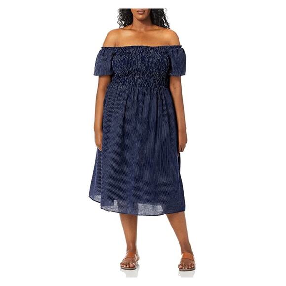 City Chic Dresses & Skirts - City Chic Blue&White Stripe Off The Shoulder Smocked Midi Dress Sz.L(20)